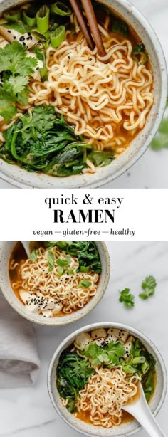 two bowls of ramen with noodles and greens