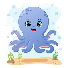 an octopus is swimming in the water with bubbles and algaes around it's feet