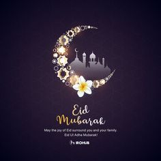 an eid mubarak greeting card with the moon and flowers