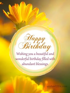 a happy birthday card with daisies in the foreground and an image of a sunflower