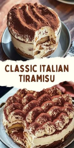 two different types of desserts on plates with the words classic italian trirami