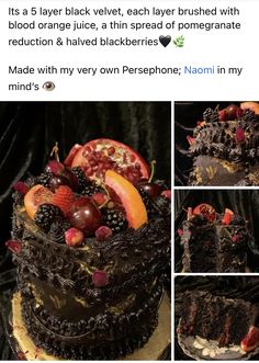 the cake is decorated with fruit and chocolate icing