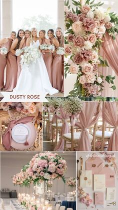 pink and gold wedding color palettes with roses, greenery, candles, chandeliers