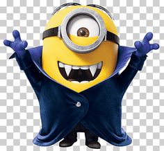 a minion with his arms out and eyes wide open, wearing a blue outfit