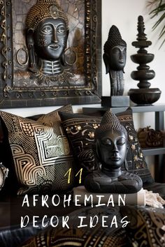 an assortment of african decorative items in front of a wall with the words afrohemian decor ideas on it