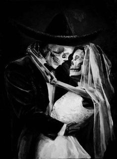 a black and white drawing of a skeleton hugging a bride