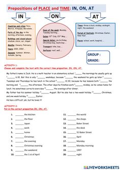 the prepositions of place and time in an at worksheet for students