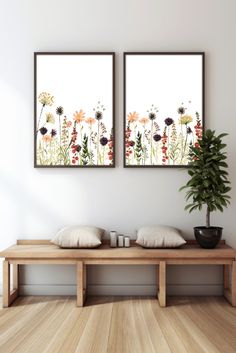 two framed pictures on the wall above a wooden bench with pillows and plants in front of them