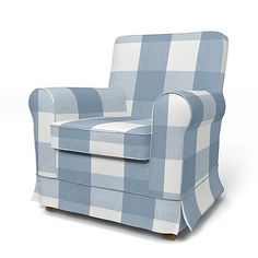 a blue and white checkered chair on a white background