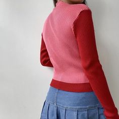 Casual Stretch Color Block Sweater, High Stretch Pink Winter Top, Spring High Stretch Knit Sweater, Pink Ribbed Sweater For Layering, High Stretch Pink Top For Winter, Pink Knit Color Block Cardigan, Pink Color Block Knit Cardigan, High Stretch Knit Sweater For Spring, Casual Fitted Turtleneck Cardigan