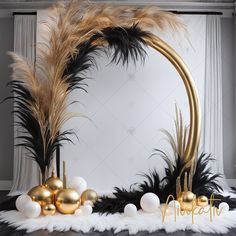 an arch decorated with black and gold feathers, white balls and golden ornaments in front of a window