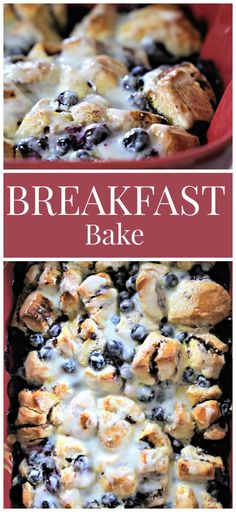 blueberry breakfast bake in a red casserole dish with text overlay