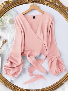 Pink Casual  Long Sleeve Polyester Plain   Non-Stretch Spring/Fall Plus Size Tops Wrap Tops Outfit, Wrap Tops For Women, Wrap Top Pattern, Plus Size Spring, Fall Plus Size, Plus Size Outfit, Modest Dresses Casual