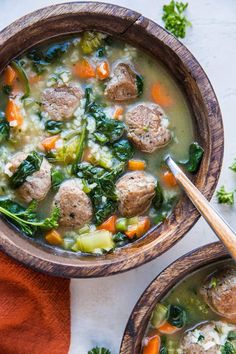 two bowls of soup with meatballs and vegetables