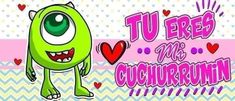 a green monster with big eyes and hearts around it that says tu ers me currunkin