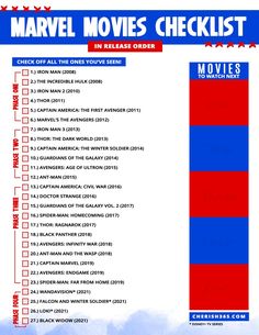 the movie checklist is shown in red, white and blue