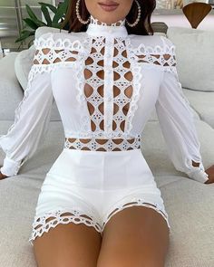 Casual Elegant Style, Lace Playsuit, White Playsuit, Long Romper, Casual Rompers, Womens Playsuits, Denim Romper, Long Sleeve Jumpsuit, Short Mini Dress