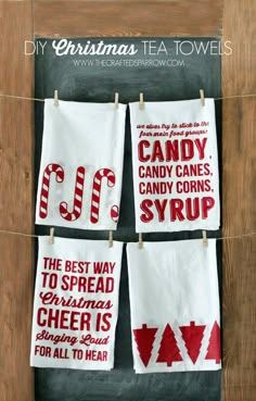 christmas tea towels hanging on a clothes line with the words candy canes and candy corns