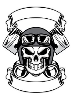 a skull wearing a helmet and goggles with two swords in front of the banner