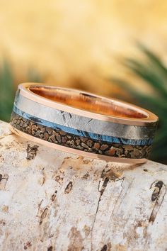 Meteorite and Dinosaur Bone Wedding Band for Men with Mokume Gane Pinstripe Blue Place Settings, Wedding Inspiration Blue, Meteorite Engagement Ring, Antler Rings, Meteorite Rings, Dinosaur Bone Ring, Tribe Fashion, Meteorite Wedding Band, Celestial Objects