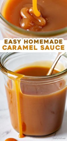 homemade caramel sauce in a glass jar with spoons next to it and the recipe below