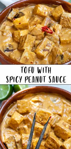 tofu with spicy peanut sauce in a brown bowl