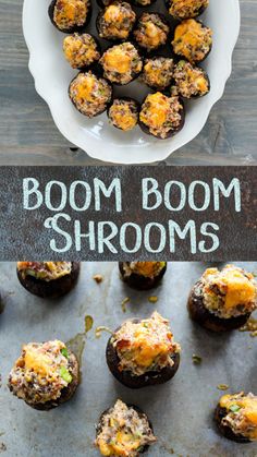 some food is sitting on top of a pan and next to the words boom boom shrooms