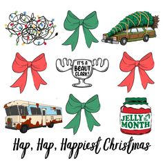 various christmas items with bows on them and the words hap, hypopist christmas