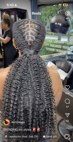 Locs Low Ponytail Styles, Low Ponytail Loc Styles, Curly Loc Ponytail Styles, Loc Curly Ponytail, Loc Braided Styles, Homecoming Hairstyles Locs, Long Loc Extensions, Loc Ponytail With Weave, Locs With Curly Ponytail