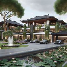 an artist's rendering of a luxury house with water lillies in front