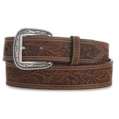 Men's Double Stitch Floral Embossed Western Belt by M&F A1012402 Enjoy comfort, style and durability from this Mens Ariat belt by M&F  Western Products . This stylish belt features beautiful tooling on a  rich brown strap that measures 1-1/2" wide. Stylish western look for  dress up or your favorite jeans. Removable silver buckle.    Floral Stamped Leather Strap Contrasting White Stitching Finely Detailed Silver Buckle with Rope Edge Removable Buckle   Cowtown Cowboy Outfitters is a family-owned Ariat Belts, Boys Cowboy Boots, Girl Cowboy Boots, Cowboy Boots Square Toe, Lucchese Boots, Twisted X Boots, Stamped Leather, Concho Belt, Western Belt