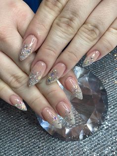 Glitter Nails With Gems, Crystal Nail Art, Glitter Tips, Hard Gel Nails, Wow Nails, Asian Nails, Hello Nails, Hippie Nails, Acrylic Nails Coffin Pink