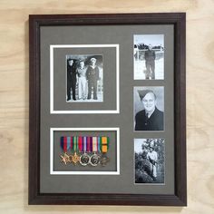 a framed photo with medals and other items