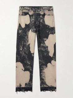 CELINE HOMME Wesley Straight-Leg Distressed Bleached Jeans | MR PORTER Jeans Design Ideas Diy, Designer Distressed Jeans For Streetwear, Spiritual Fashion Men, Edgy Faded Cotton Jeans, Designer Cotton Jeans For Streetwear, Edgy Washed Cotton Jeans, Punk Style Washed Black Cotton Jeans, Bleach Pattern Jeans, Painted Jeans Men