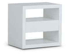 a white shelf with two shelves on each side and one drawer in the middle, against a white background