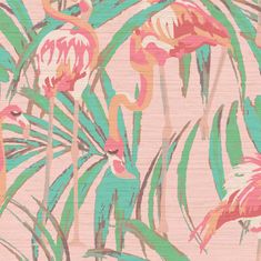 a pink and green floral wallpaper with flamingos on the back ground, in front of palm leaves