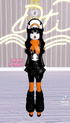 an animated image of a woman in black and orange