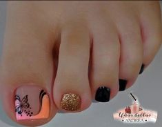 Butterfly Toe Nail Designs, Nails Toes Design, Black Acrylic Toe Nails, Nails Pies, Press On Toenails, Nails Pedicure, Fake Toenails