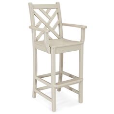 a white wooden bar stool with an armrest