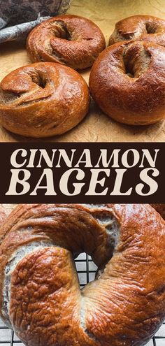 cinnamon bagels sitting on top of a cooling rack next to an image of chocolate chips