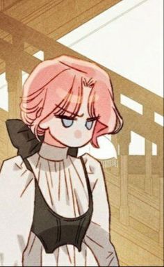 an anime character with pink hair and blue eyes wearing a white shirt, black suspenders