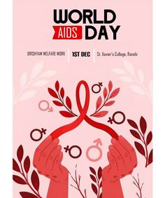 the world aids day poster is shown with hands holding a red ribbon and laurels