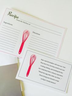 two recipe cards sitting next to each other on top of a white table with utensils