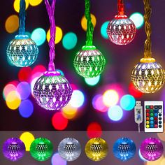 multicolored lights are hanging from the ceiling with remotes next to them and an array of different colors