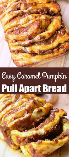 easy caramel pumpkin pull apart bread on a cutting board with text overlay that says easy caramel pumpkin pull apart bread