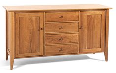 the sideboard is made from wood and has four drawers, two doors and one drawer