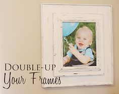 a white frame with a baby holding a blue balloon in it and the words double - up your frames above it