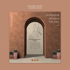 the interior design studio brochure is displayed in front of an arch with cactuses