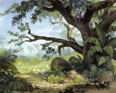 an artist's rendering of a jungle scene with trees, rocks and other plants