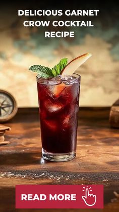 an advertisement for a drink called delicious garnet crow cocktail recipe on a wooden table